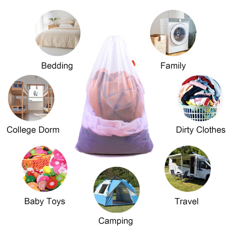 DuomiW 2 Pack Mesh Laundry Bags, 24 x 36 Inches Heavy Duty Drawstring Bag, Factories, College, Dorm, Travel and Apartment Dwellers, White - Image 3